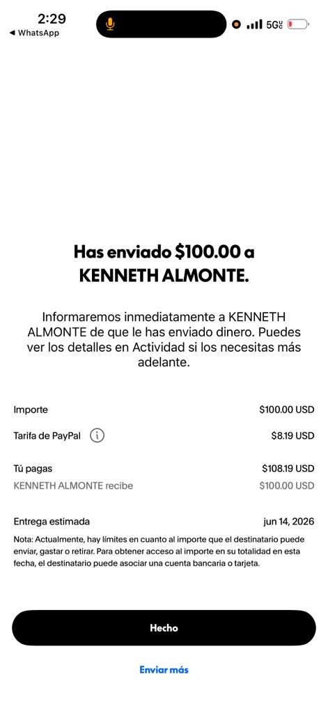 Comprobante de pago del premio
